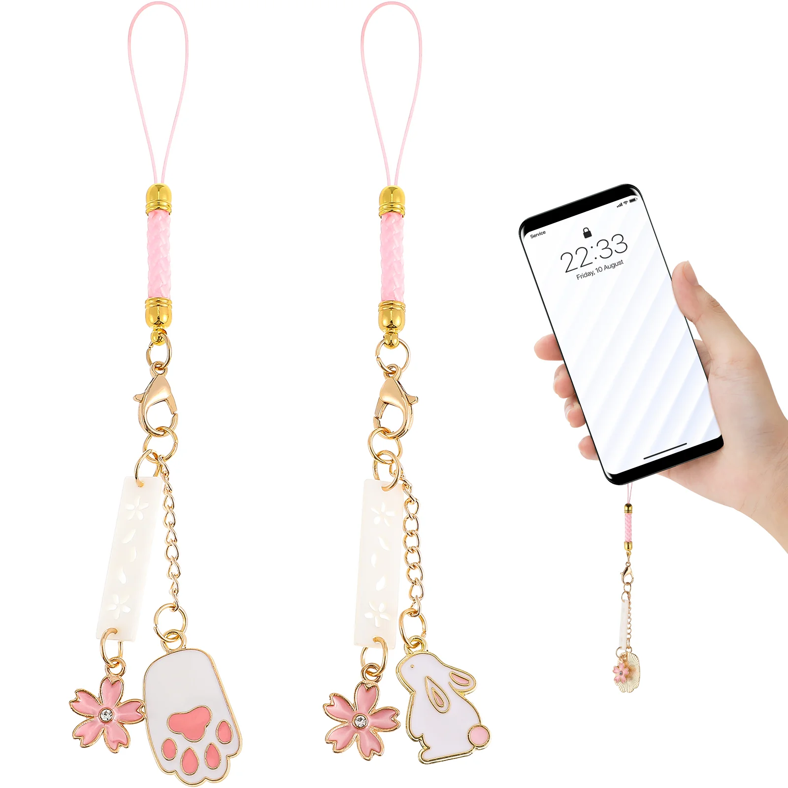 2 Pcs Cherry Blossom Rabbit Mobile Phone Charm Lanyard Wrist Strap for Phones Keychain Accessories Charms Alloy