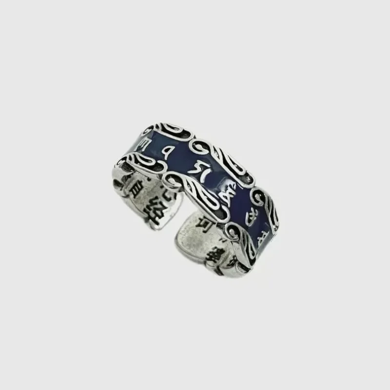Colored enamel scroll grass pattern rings for women and mens Six-character mantra ethnic style Heart Sutra silver ring jewelry