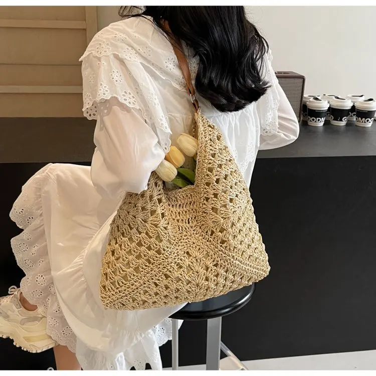 YOUDEYISI Handmade Crochet Cotton Thread Hollow Square Flower Tassel Literary Style Straw Weaving Shoulder Handbag Women\'s Bag