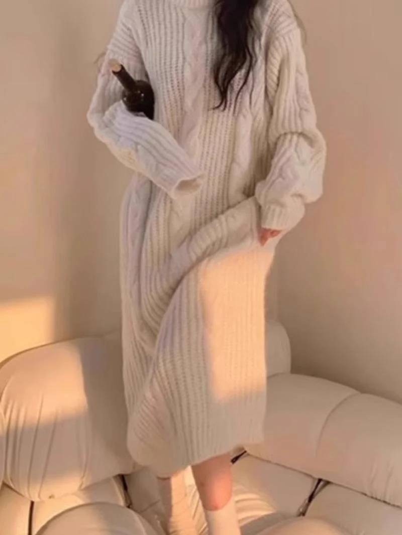 

ROUJE KEFSS Белое вязаное базовое платье-свитер женское, осенне-зимнее, новое, нежное, верхняя одежда, длинное платье-свитер с длинным рукавом, другие материалы