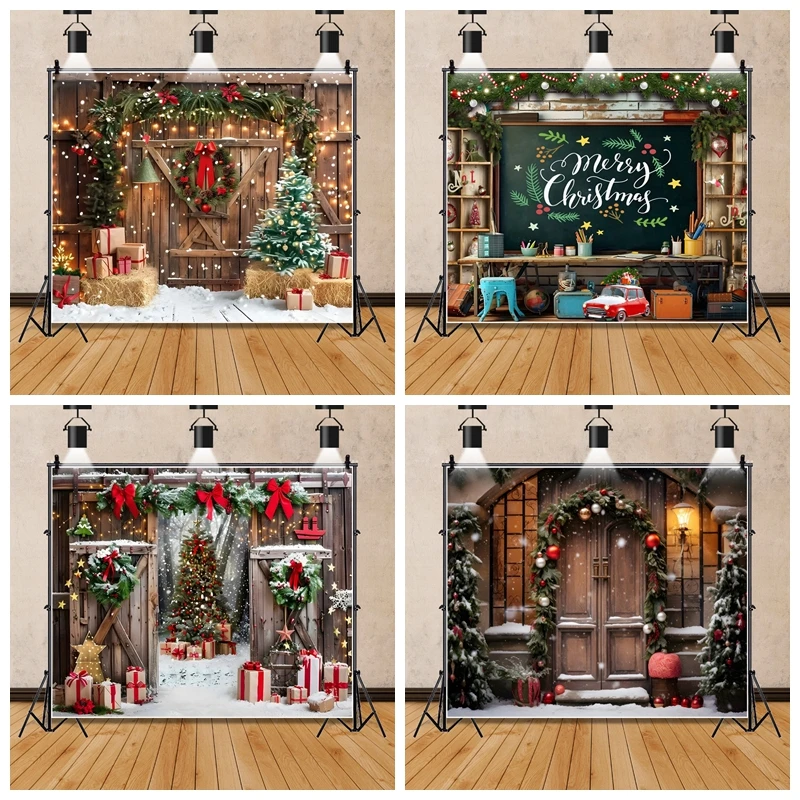 Merry Christmas Backdrop Photography Winter Wood Window Door Xmas Tree Background Party Decor Family Portrait Photobooth Props