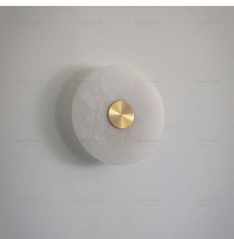 Art Deco Round LED Wall Sconce Natural Marble Brass