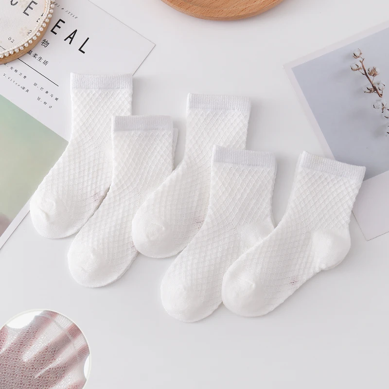 Children's Mesh Socks Medium Tube Pure Cotton Spring Summer Boys and Girls Thin White Socks Babies Breathable Socks 5Pairs