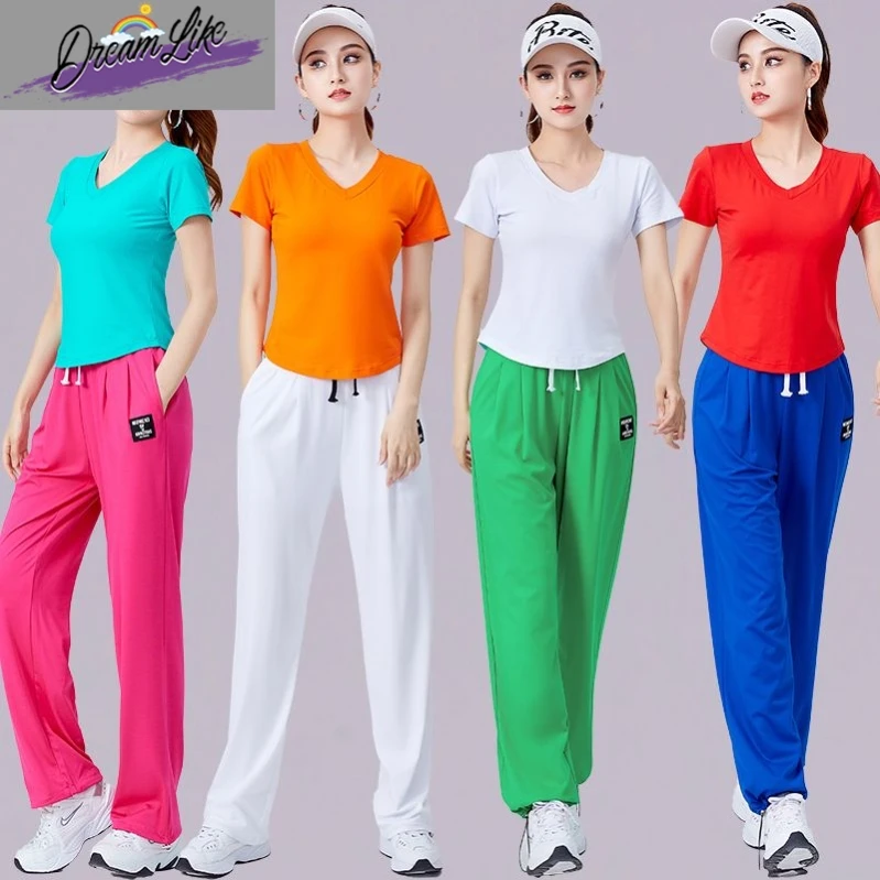 

Square Dance Outfit Women's up Sports Fitn V-ne ort-sved Top Straight-leg Pants Faionable Summer Workwear