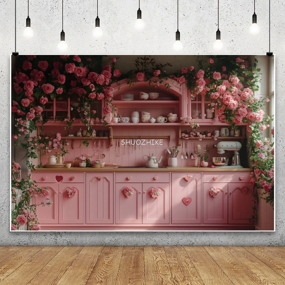 عيد الحب المطبخ خلفية الوردي خزانة الورد الزهور النساء عيد ميلاد الزفاف حفلة خطوبة ديكور التصوير الخلفية