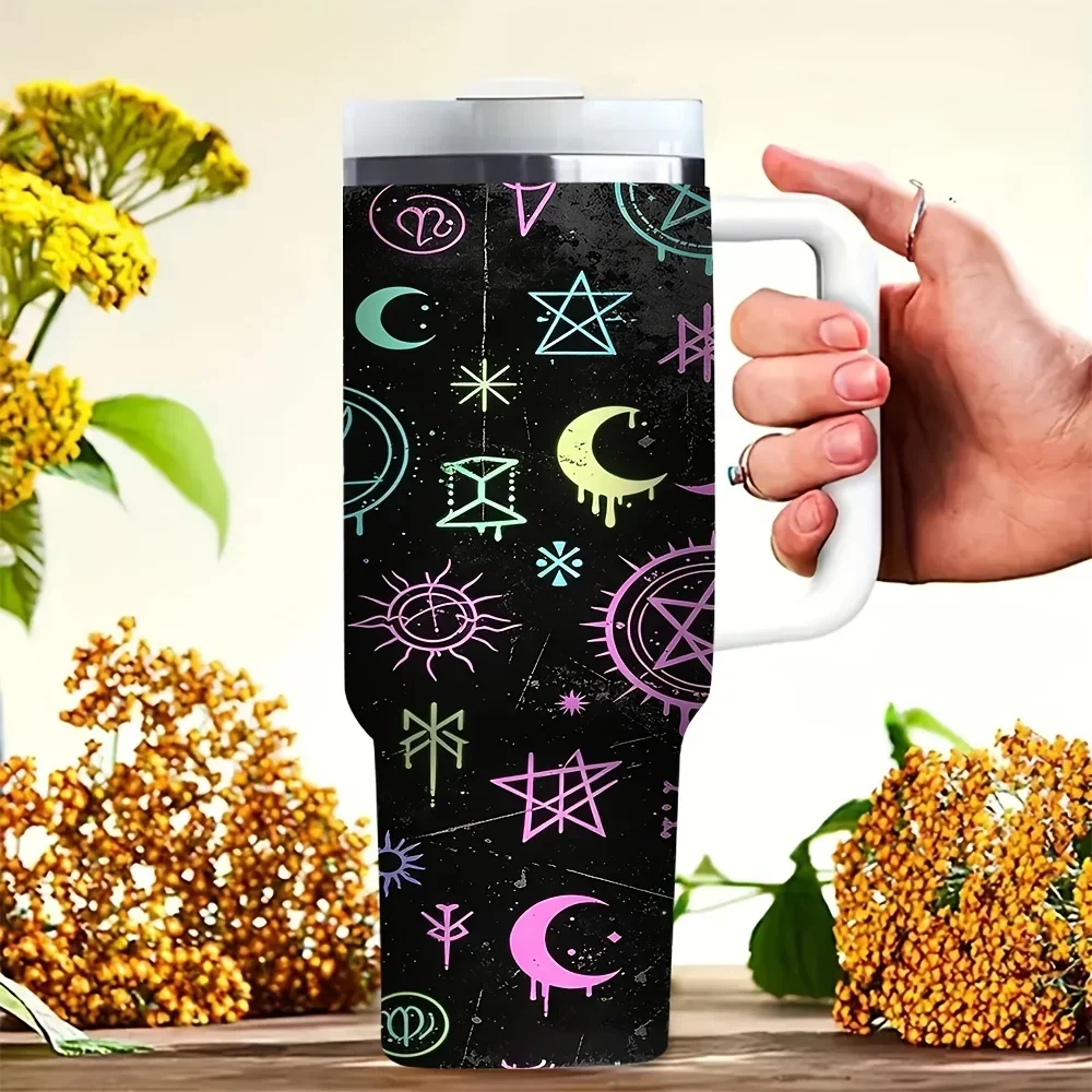 40oz Tumbler with Handle, Neon Occult Witch Magic Symbols Print, for Mysticism Style Lovers, Fits Both Hot and Cold Drinks, Perfect for Daily Use And Outdoor Travel Activities