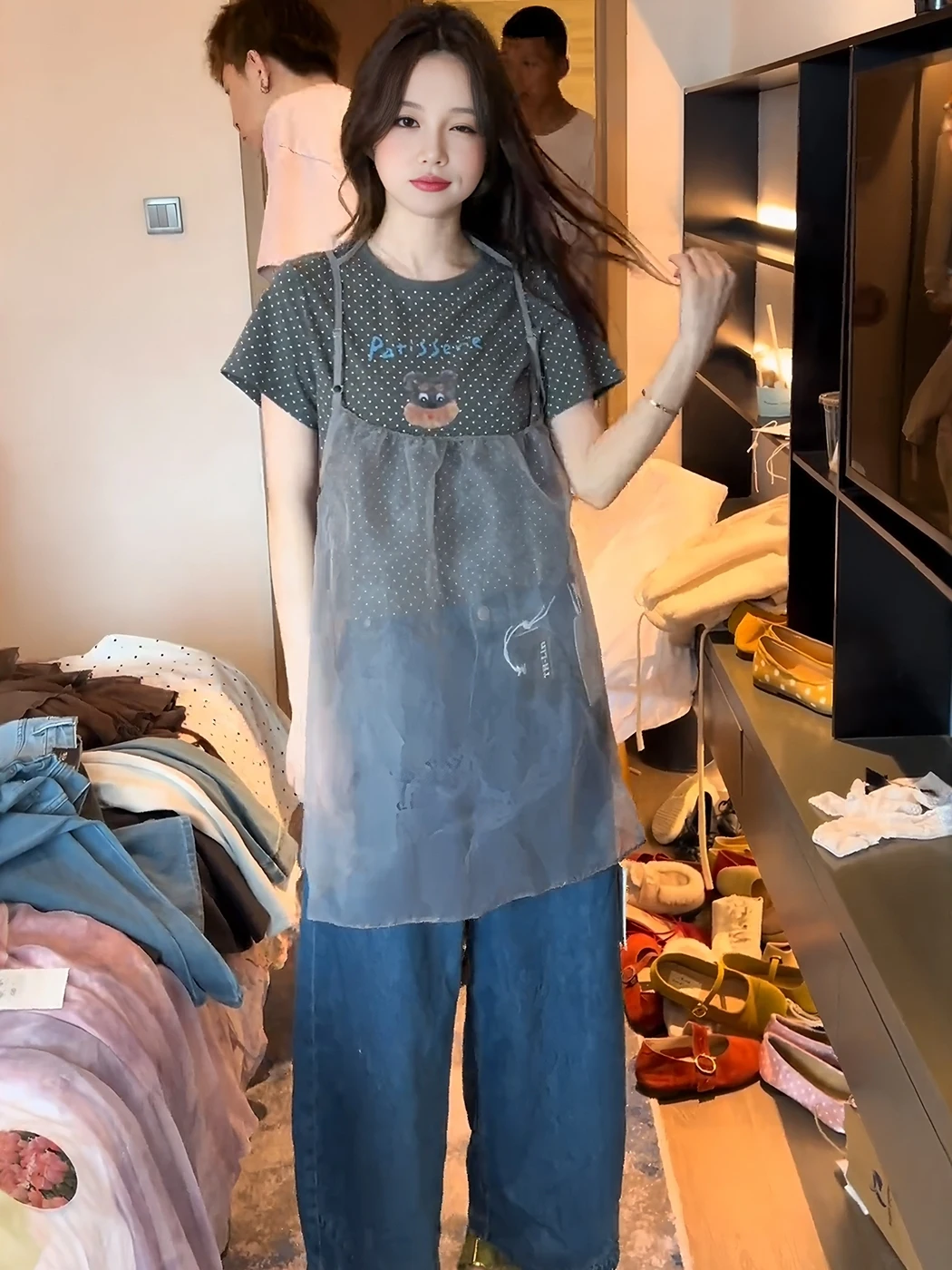 

Summer New Women's Loose T-Shirt Short Sleeve Polka Dot Netting Overlap Wear Fashionable Korean Style Dog Letter Pattern