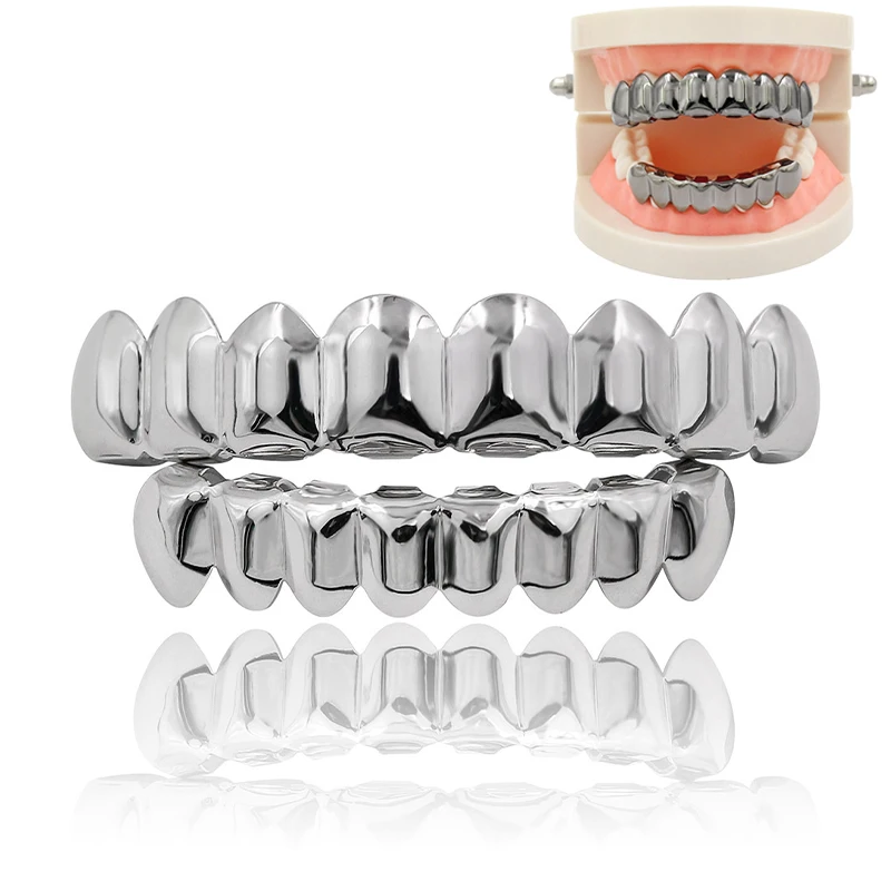 Fake Braces Dental Gold Silver Plated HIP HOP Teeth Grillz With silicone Real Shiny Tooth Sets Safe Accessories