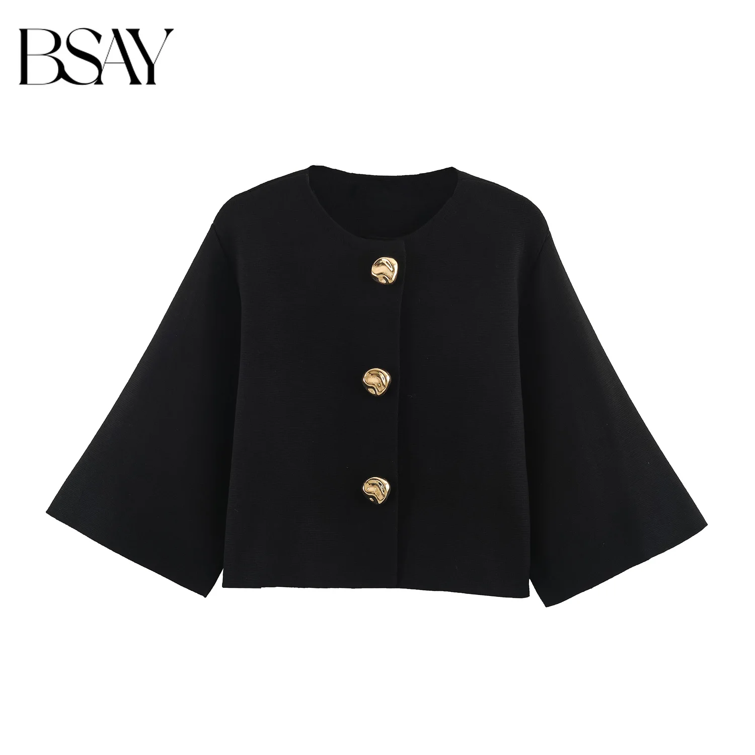 BSAY Women Daily Elegant Short Knitted Jacket Round Neck Flare Sleeve Decorative Gold Buttons Cropped Knit Cardigan Outer Coat