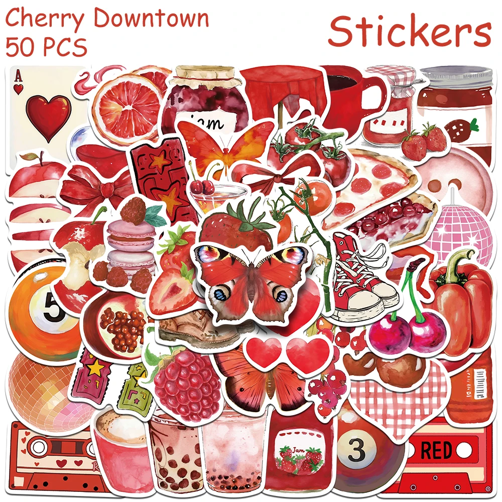 50pcs Red Cherry Downtown Graffiti Stickers Decals For Phone Laptop Notebook Skateboard Helmet DIY Aesthetic Waterproof Stickers