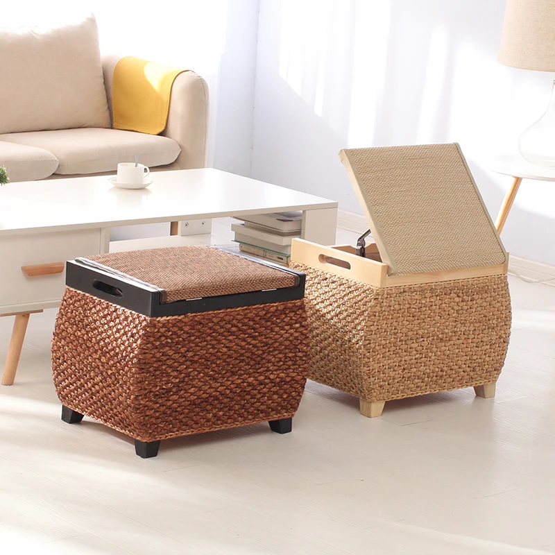 Grass art dwelling rattan storage stool, pastoral storage stool, changing shoes, household footresting sofa stool, can si