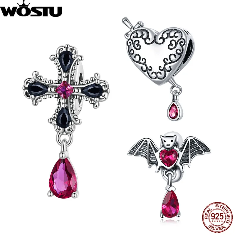 WOSTU 925 Sterling Silver Halloween Cross Pendant Dark Love Gothic Cross-Silver Silicone Ring Accessory Fit Original Bracelet