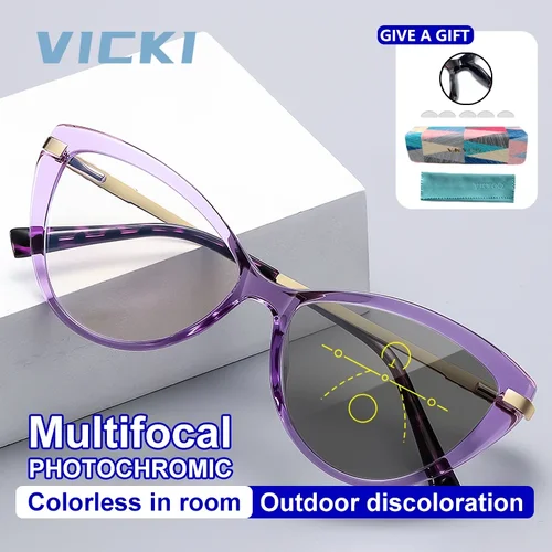 VICKI-gafas fotocromáticas progresivas para mujer, lentes de lectura multienfoque, Ojo de Gato, cambio de Color, UV400, graduadas para hipermetropía
