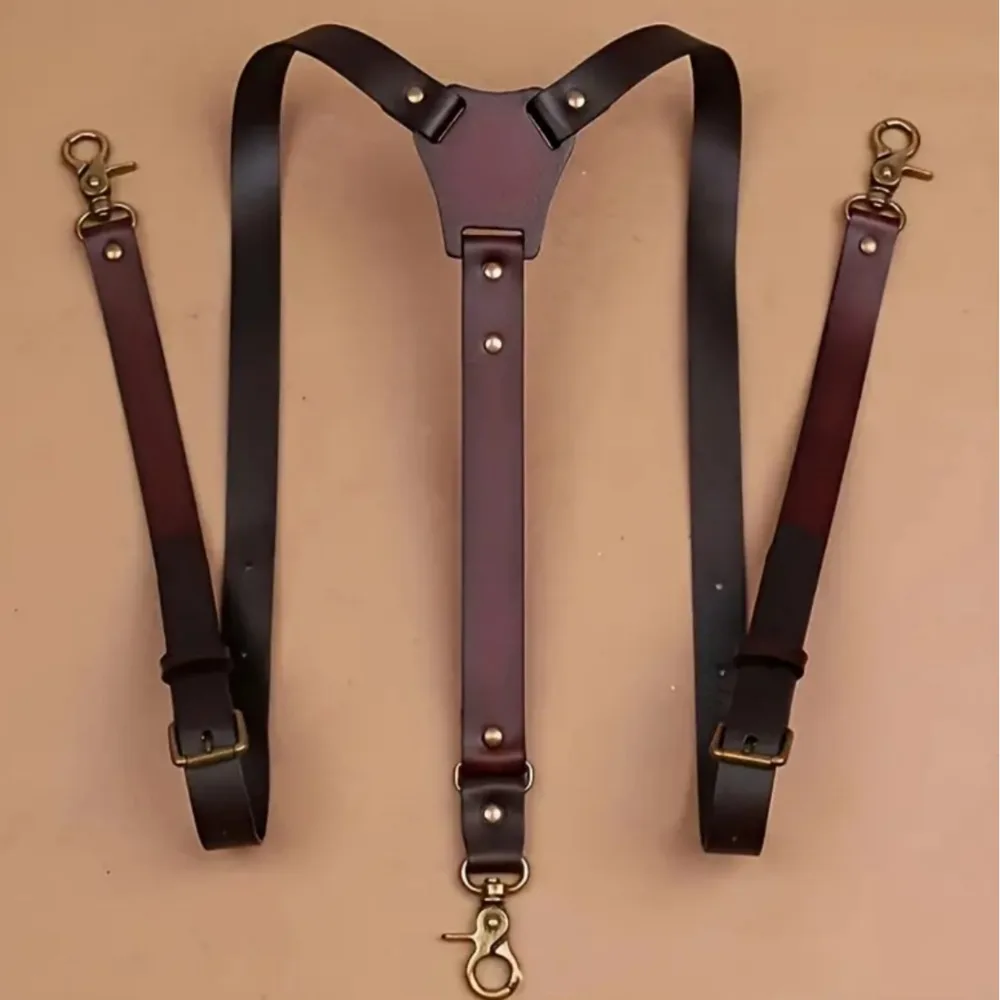 Vintage ผู้ใหญ่ Suspenders ผู้ชายหนัง Y ประเภท 3 Bronze Hooks Black Gothic สายรัดไหล่แฟชั่น Elegant กางเกงยีนส์ Anti-drop Braces