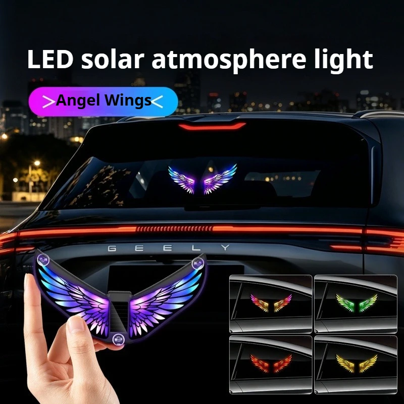 Solar Powerangel Wings Car LED Lights Wire-free Suction Cup Rear Window Warning Universal Auto Decoration Lights Halloween Gift