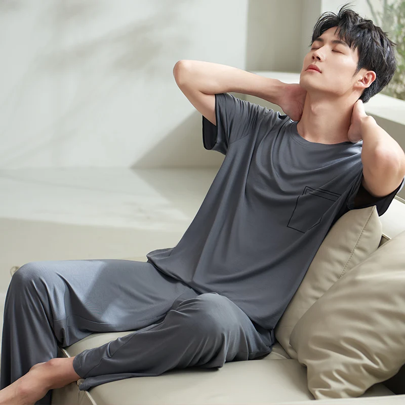 Pijamas de Modal para hombre, ropa de dormir de cuello redondo, M-3XL de yardas grandes, de alta calidad, color gris