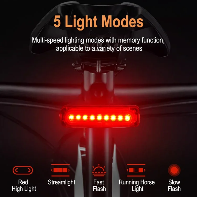 D2 Super Bright LED Bike Taillight USB Rechargeable 5 Modes IP65 Waterproof Bicycle Rear Light Accessories with Memory Function