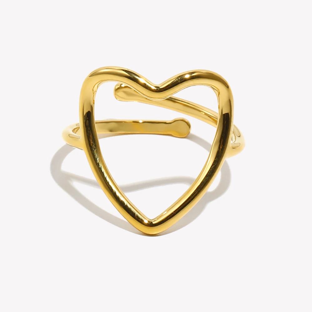 E.B.belle PVD Plated Lines Hollow Heart Adjustable Ring High Quality Stainless Steel Minimalist Style Finger Jewelry Accessories