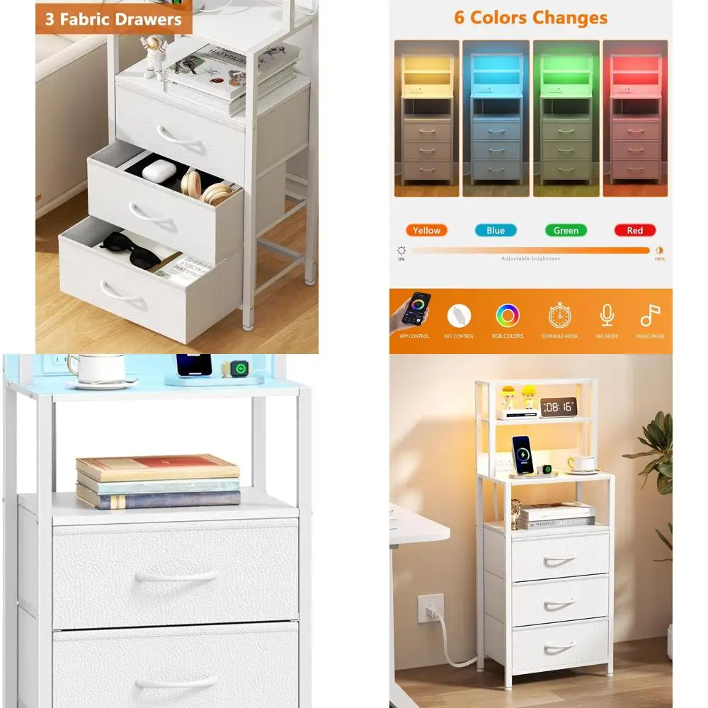 

White 4-Tier Shelf Nightstand with 3 Fabric Drawers, LED Charging Station, Tall Bedroom/Hallway Dresser