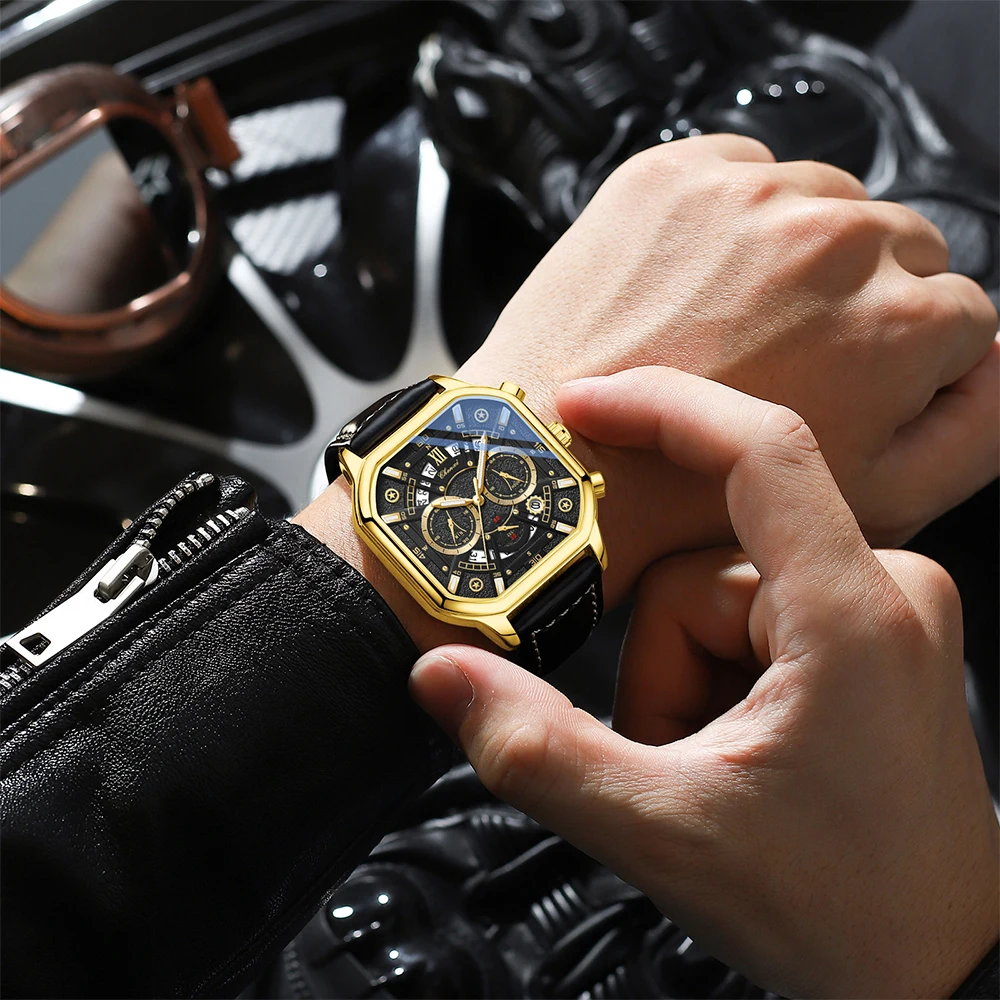 CHENXI 9042 New Fashionable Square Men Watch Multi Functional Hollow Calendar Timing Watch Leather Strap Quartz Watches for Man