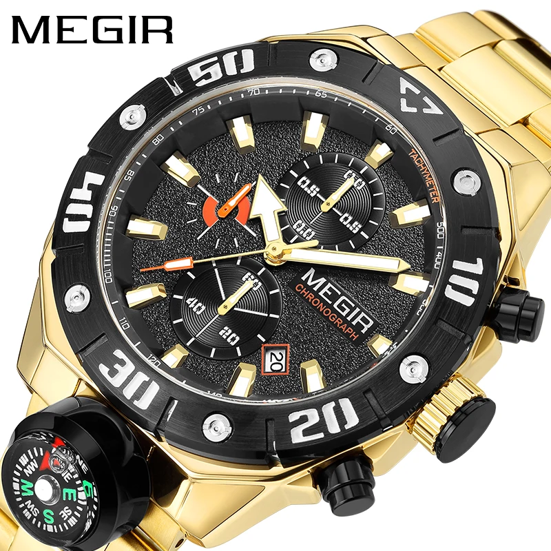 

MEGIR Fashion Compass Decoration Quartz Watch for Men Stainless Steel Band Waterproof Luminous Date Sport Chronograph Watches