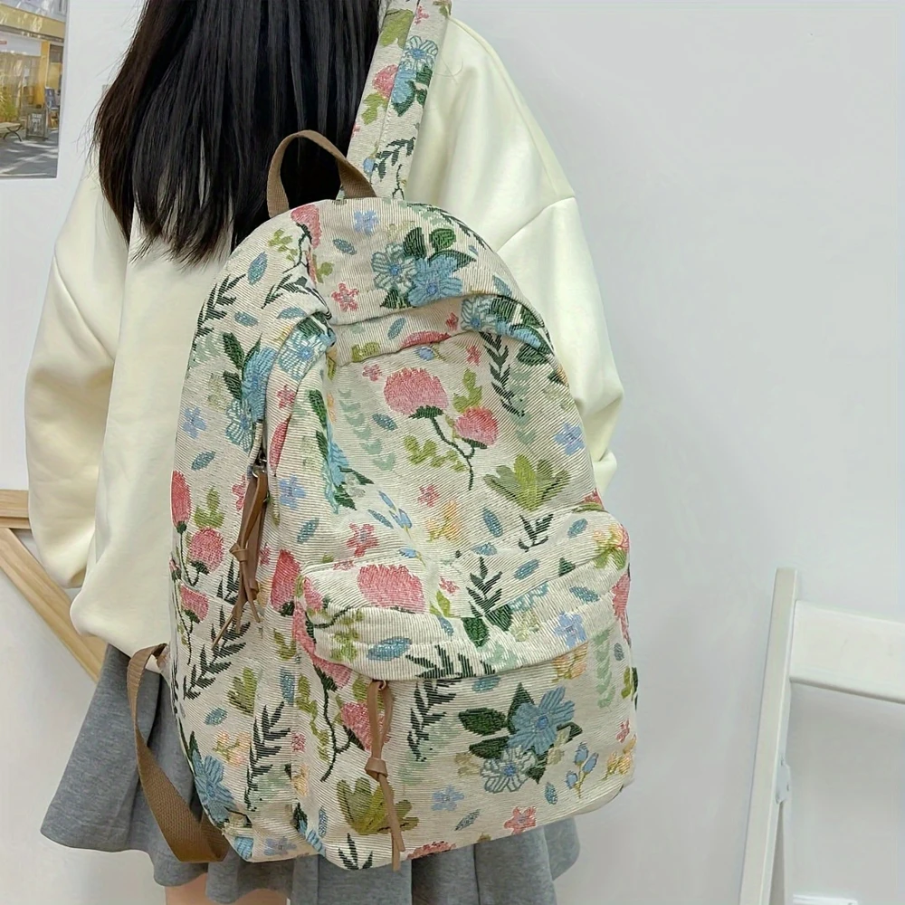 

Vintage Floral Embroidery Backpack, Large Capacity Lightweight Canvas Daypack for Students, Daily Commute & Outdoor Trips