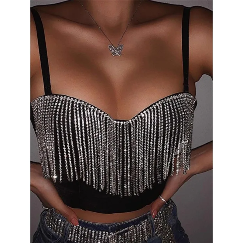 customized jazz bellydance tassel tight fitting vest sexy exposed navel chest display outside at night strapless camisole top