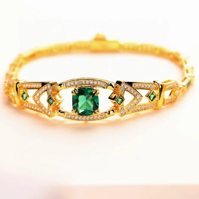 

Europe America Fashion Style High-end Jewellery Women Lady Inlay Green Cubic Zircon Plated Gold Color Chain Bracelet