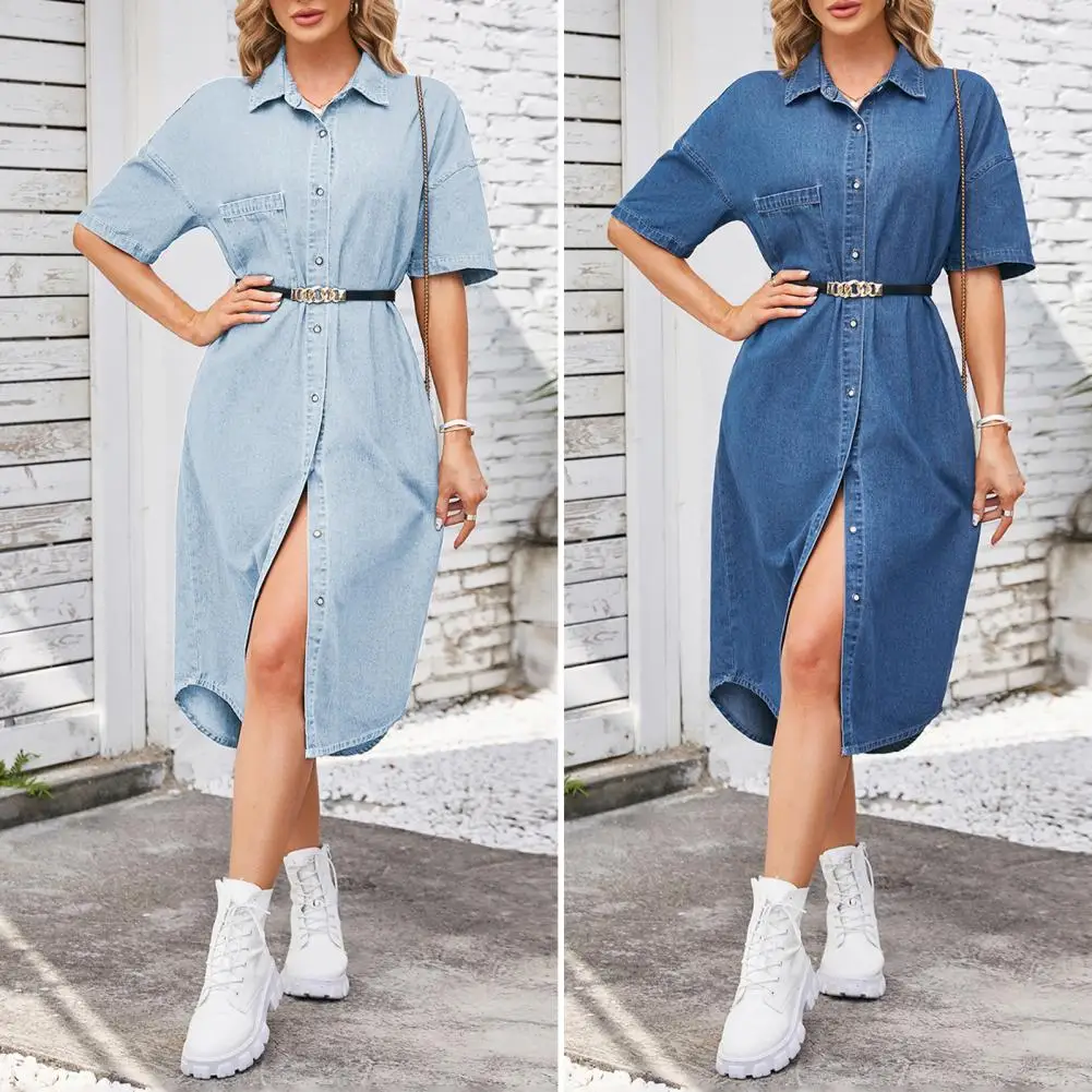 여름 신상 싱글 브레스티드 데님 셔츠 드레스 여성 캐주얼 루즈 포켓 심플 레트로 출퇴근 여성 오피스 데님 숏 스커트