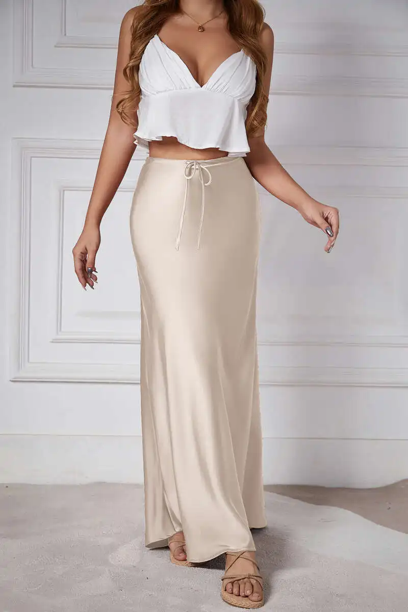 New In 2026 Spring Summer Solid Color Satin Long Skirt For Women High Waist Lace-Up Fashion Elegant Faldas