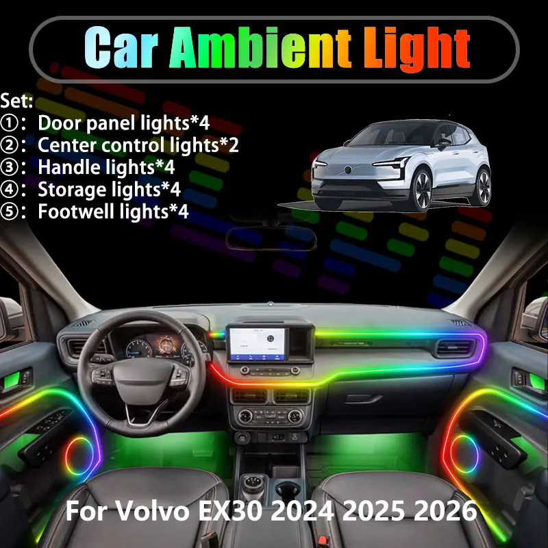 

Для Volvo EX30 2024 2025 2026: Комплект светодиодной подсветки салона и багажника 2-в-1, USB RGB, аксессуары для интерьера автомобиля