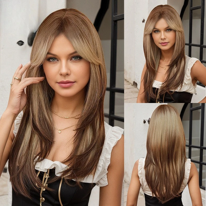 

Layer cold brown gradual change eight-character bangs daily versatile women European and American wigs