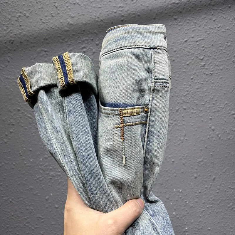 2024Summer New Thin Type Jeans Men's Distressed Retro Fashion Casual Stretch Slim Fit All-Match Washed High-End Cropped Pants