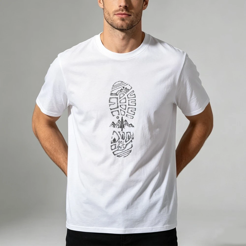 Mountain Landscape Boot Print T-Shirt Hiking Trail Nature Lover Quote Outdoor Adventure Summer Casual Streetwear Graphic Tees