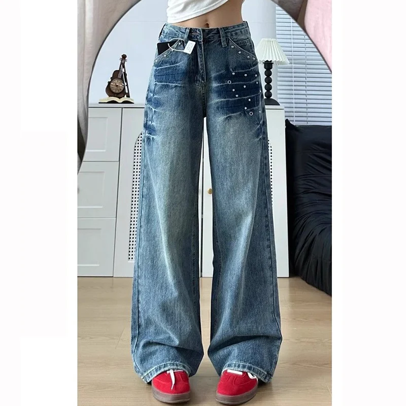 Chic Fashion Lady High Waist Jeans Pants Girls Casual Wide Leg Denim Trousers Female Retro Korean Designer Loose Pants