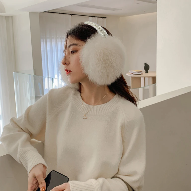1Luxury C* Style Real Fox Fur Soft Plush Ear Warmer Winter Accessories Ear Muffs Earmuffs for Women Girls Ear Cover Earmuff