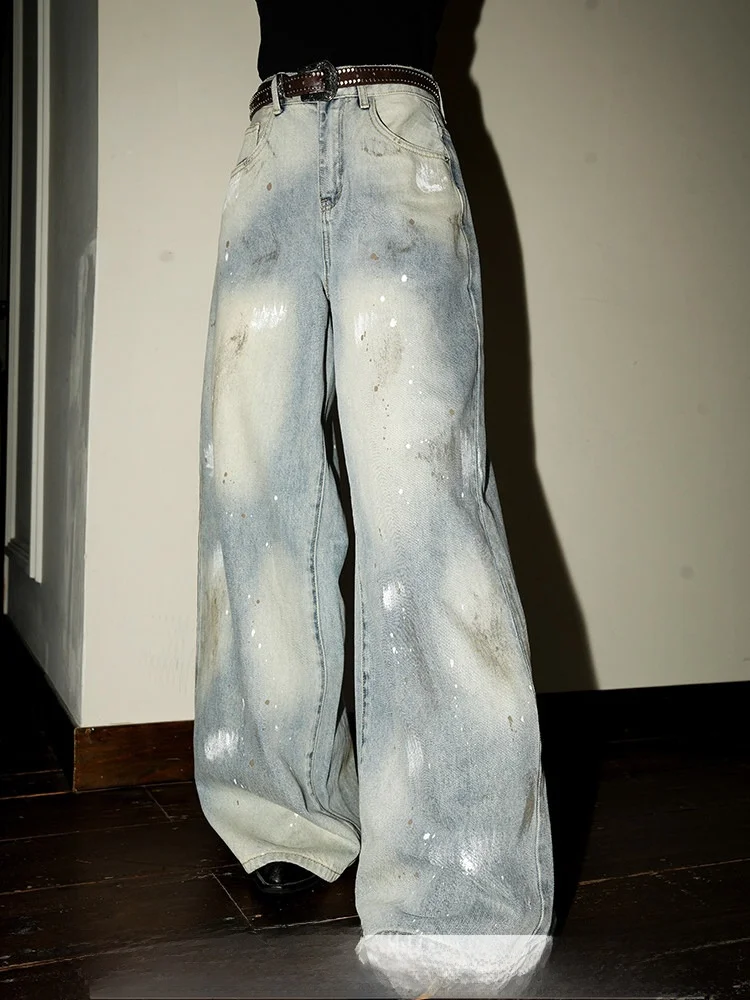 

Ретро-джинсы с американским дизайном и эффектом брызг краски, широкие, прямые, свободные, в пол, из хлопка, с высокой талией, для женщин, в стиле High Street