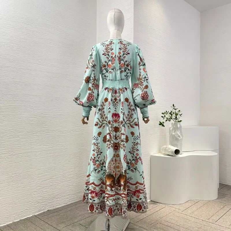 Women's Blue Green Floral Animal Print Elgant New Fashion Style Vintage Long Sleeve Deep V Neck Midi Dresses