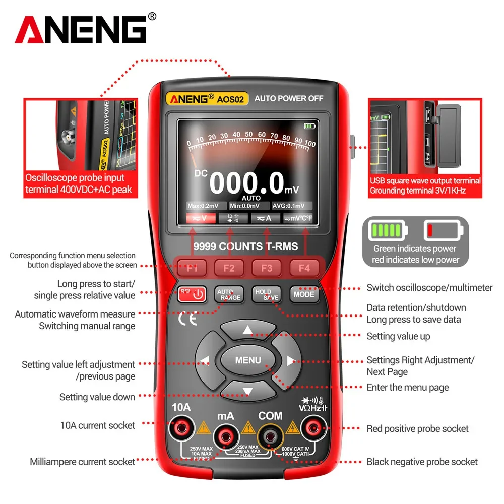 ANENG AOS02 Digital Oscilloscope Transistor Test Multimeter 48MS/s Sampling Rate 10MHZ Analog Bandwidth Support Waveform Storage