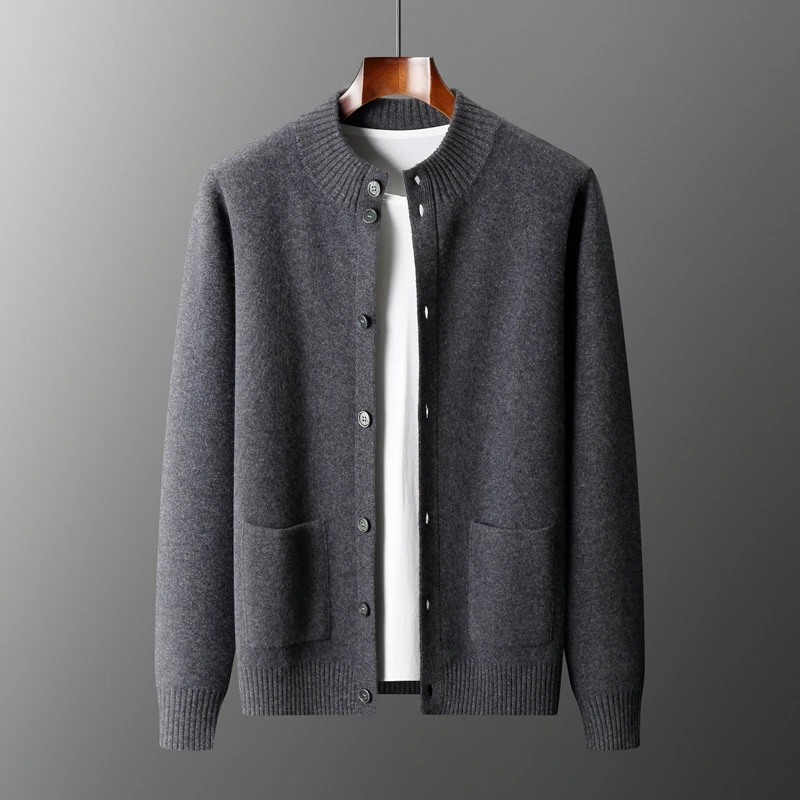 Autumn Winter Men's Cashmere Cardigan Sweater Mock Neck Business Regular Fit Silhouette Long Sleeve Soft Thick Knit Outerwear