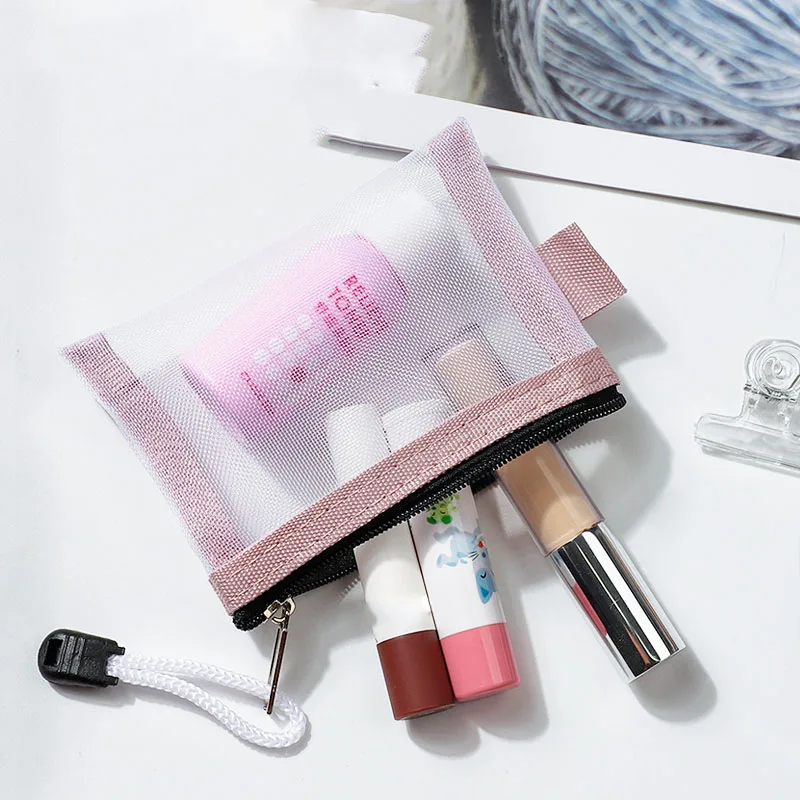 

Clear Nylon Mesh Cosmetic Bags with zipper string Women Small Lipstick Makeup Bags Pouch Data Line Key Earphone Organizer Case