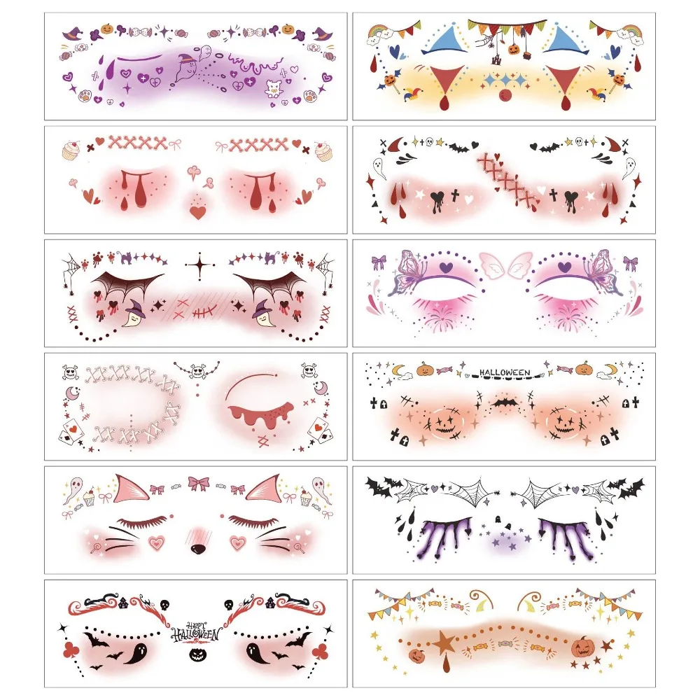 

12pcs Disposable Halloween Face Tattoo Portable Waterproof Cheek Temporary Stickers Transparent Terrifying Bat Face Stickers Men