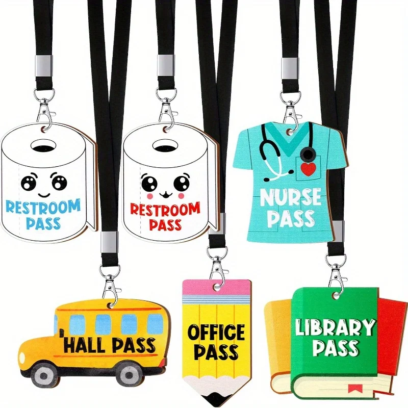 6 Sets Hall Pass Lanyards and School Passes Set Unbreakable Bathroom Passes for Classrooms