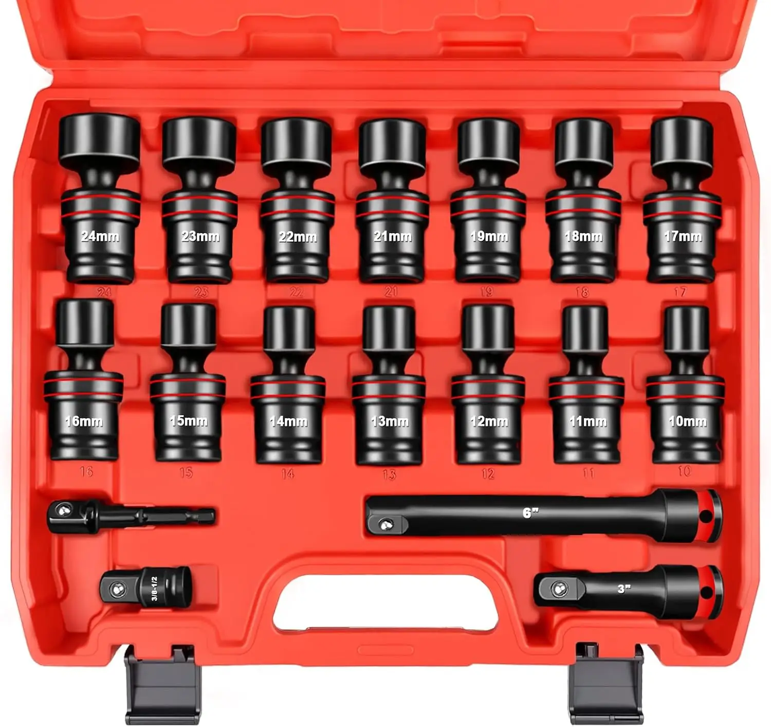 

Набор из 18 универсальных ударных торцевых головок с приводом 1/2 дюйма, метрические поворотные головки (10-24 мм) с удлинителями