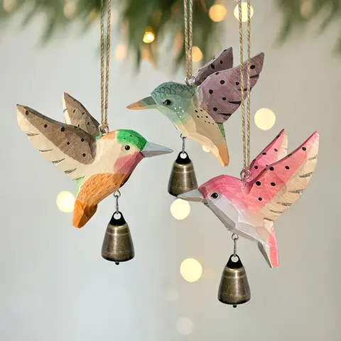 1pc Hand-Carved Solid Wood Hummingbird Wind Chime Pendant -Wood Grain Flying Bird Sculpture with Soothing Sound Rustic Farmhouse