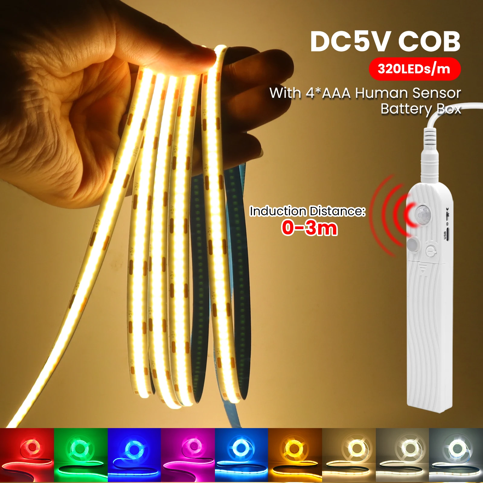 

4AAA Battery Sensor COB LED Strip 5V Dimmable Flexible LED Tape Ribbon with Adhesive Tape for Cabinet Bedroom Backlight Decor