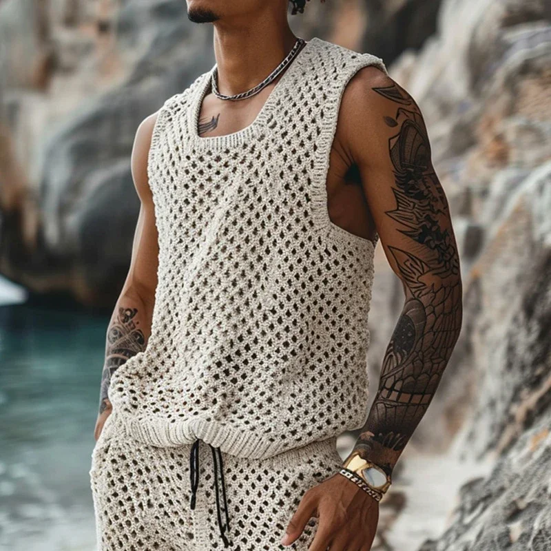 Summer Hollow Out Knitted Two Piece Sets Men Casual Solid Color Sleeveless Tank Tops and Shorts Suits Mens Vintage Knit Outfits