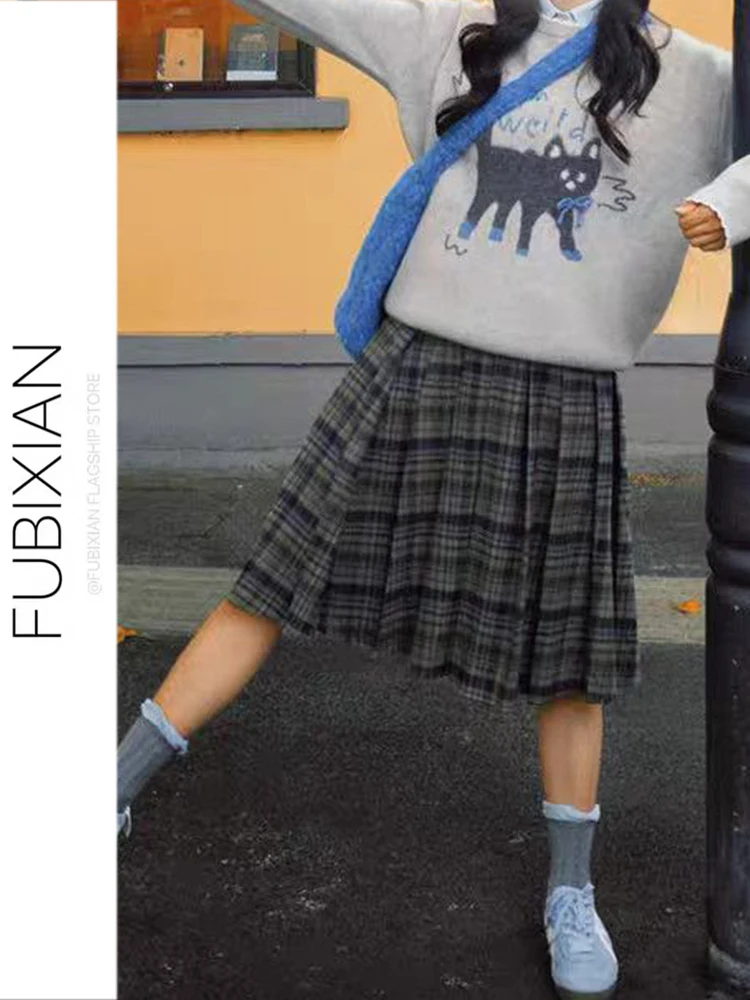 

Retro Wood ain Plaid Pleated Wool Skirt Women's Autumn Winter New High Waist A-Line Midi Skirt Polka Dot Design