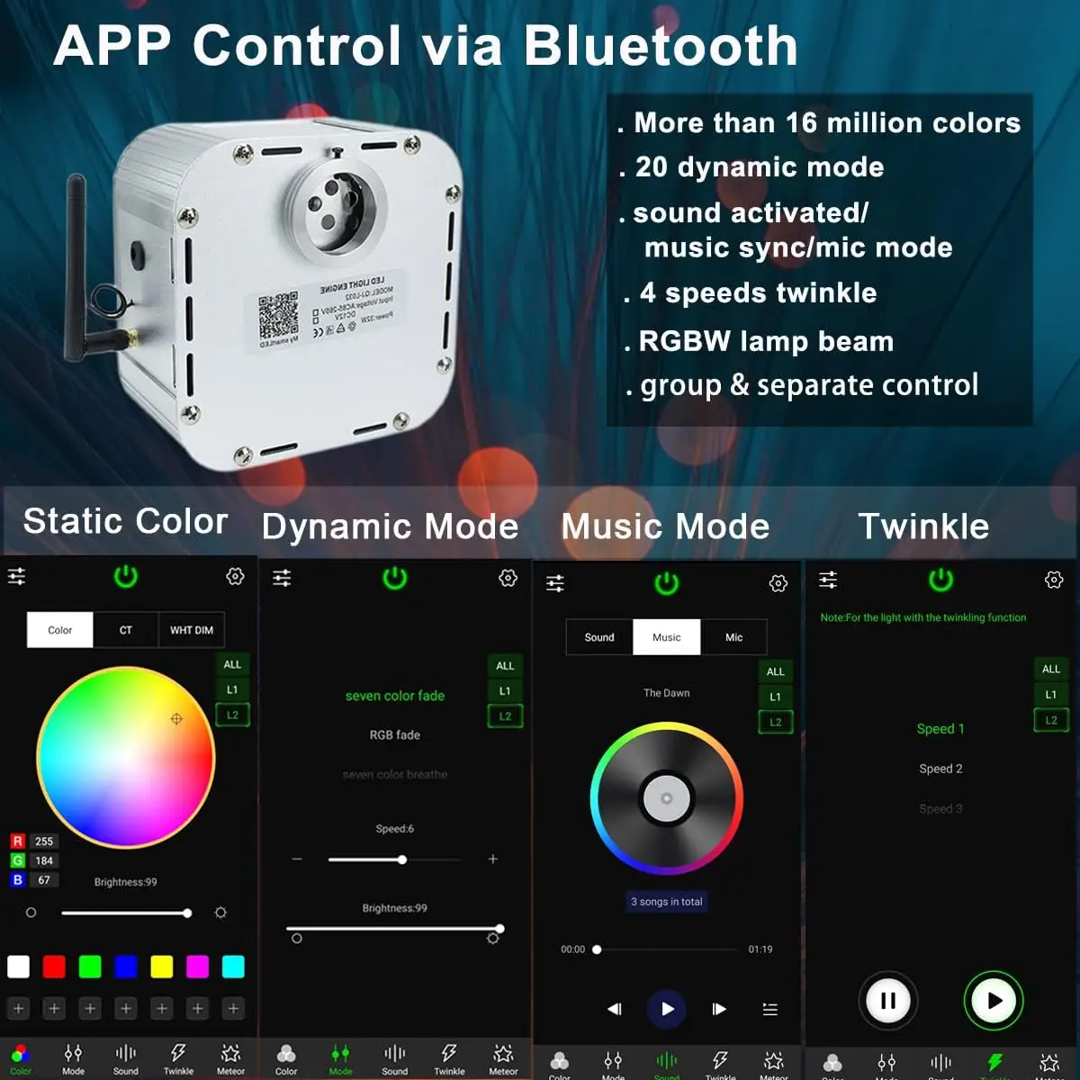 32W RGBW Twinkle LED Fiber Light Engine App Smart phone&28-key Sound Music Remote control Car Star Ceiling Starlight illuminator