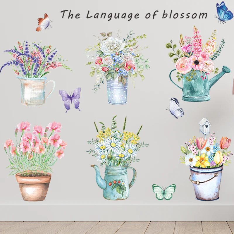 

Blooming Flowerpot Colourful Butterfly Wall Stickers For Baseboard Decoration Plant Mural Art Diy Home Decals Pastoral Posters